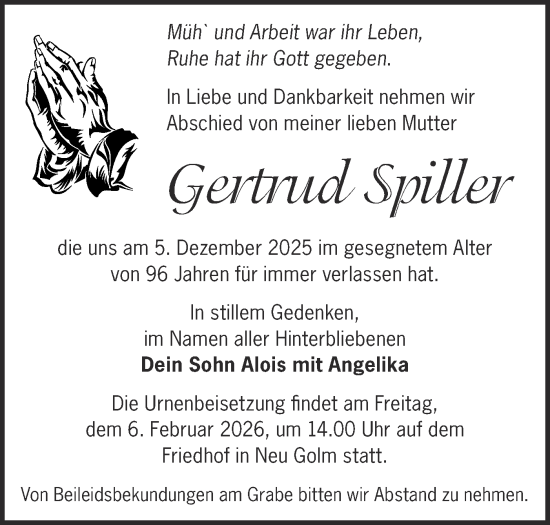 Traueranzeige von Gertrud Spiller von Märkische Oderzeitung
