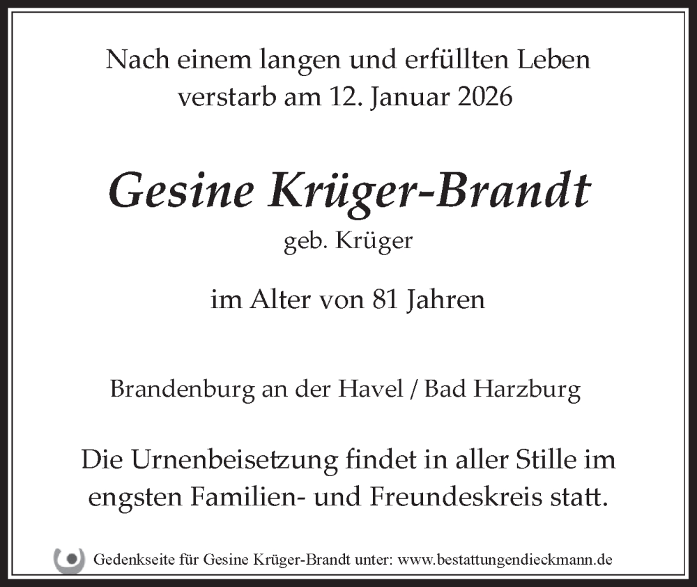  Traueranzeige für Gesine Krüger-Brandt vom 31.01.2026 aus Märkische Oderzeitung