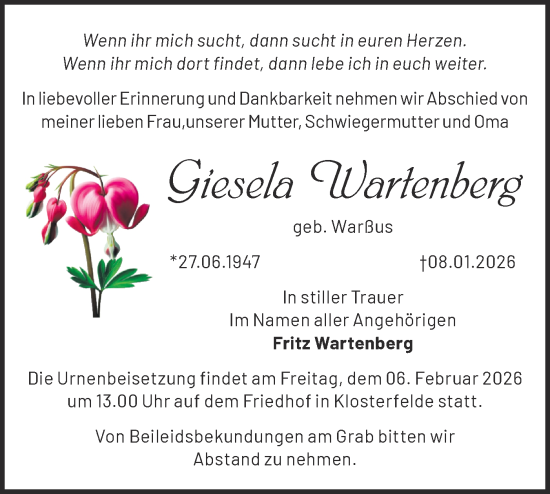 Traueranzeige von Giesela Wartenberg von Märkische Oderzeitung