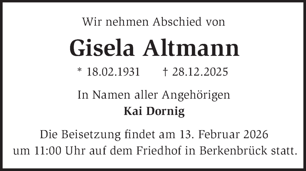  Traueranzeige für Gisela Altmann vom 10.01.2026 aus Märkische Oderzeitung