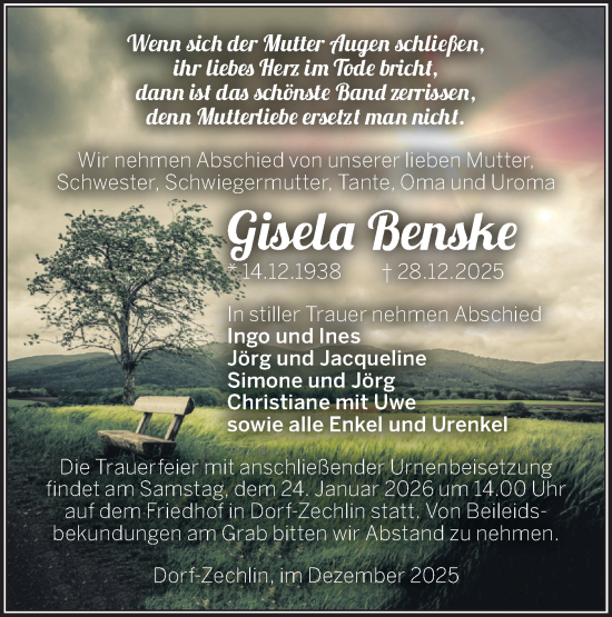 Traueranzeige von Gisela Benske von Märkische Oderzeitung
