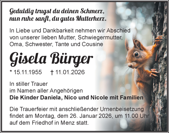 Traueranzeige von Gisela Bürger von Märkische Oderzeitung