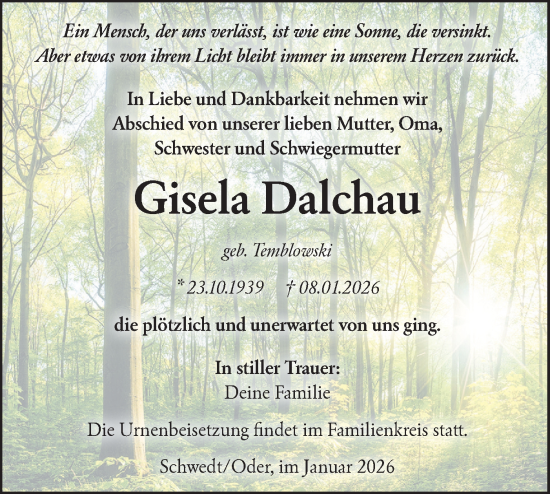 Traueranzeige von Gisela Dalchau von MO Uckerm.-Anz.
