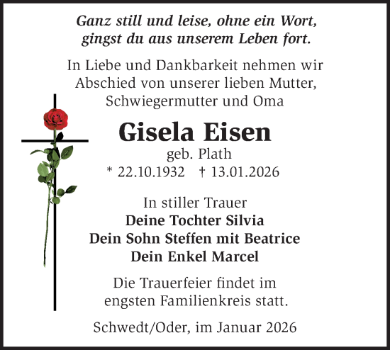 Traueranzeige von Gisela Eisen von MO Uckerm.-Anz.