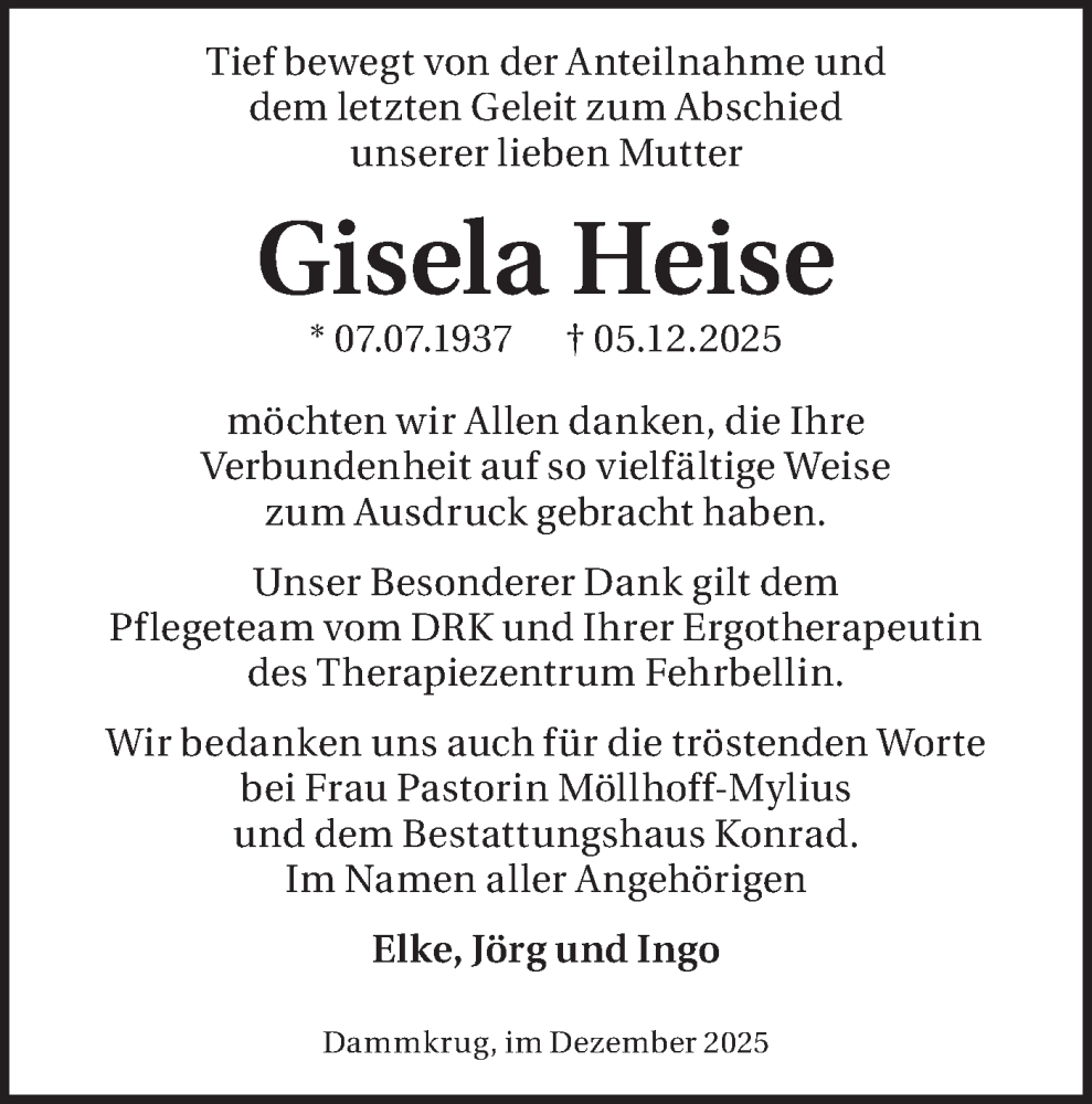  Traueranzeige für Gisela Heise vom 10.01.2026 aus Märkische Oderzeitung