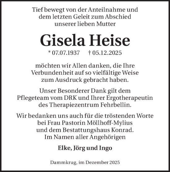 Traueranzeige von Gisela Heise von Märkische Oderzeitung
