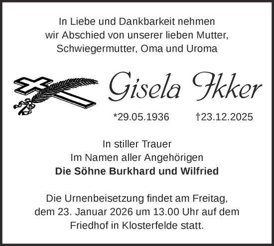Traueranzeige von Gisela Ikker von Märkische Oderzeitung