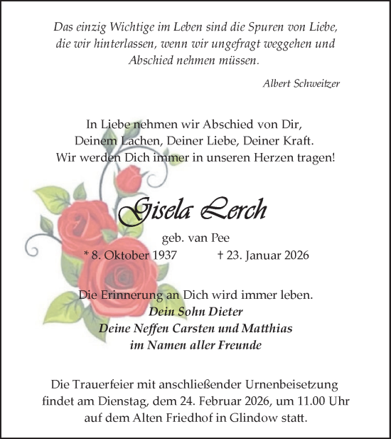 Traueranzeige von Gisela Lerch von Blickpunkt Potsdam/Werder