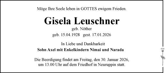 Traueranzeige von Gisela Leuschner von Märkische Oderzeitung