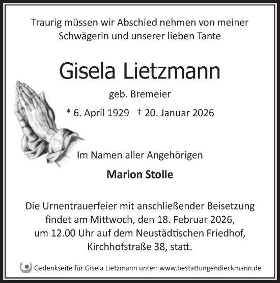 Traueranzeige von Gisela Lietzmann von Märkische Oderzeitung