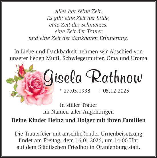 Traueranzeige von Gisela Rathnow von Märkische Oderzeitung