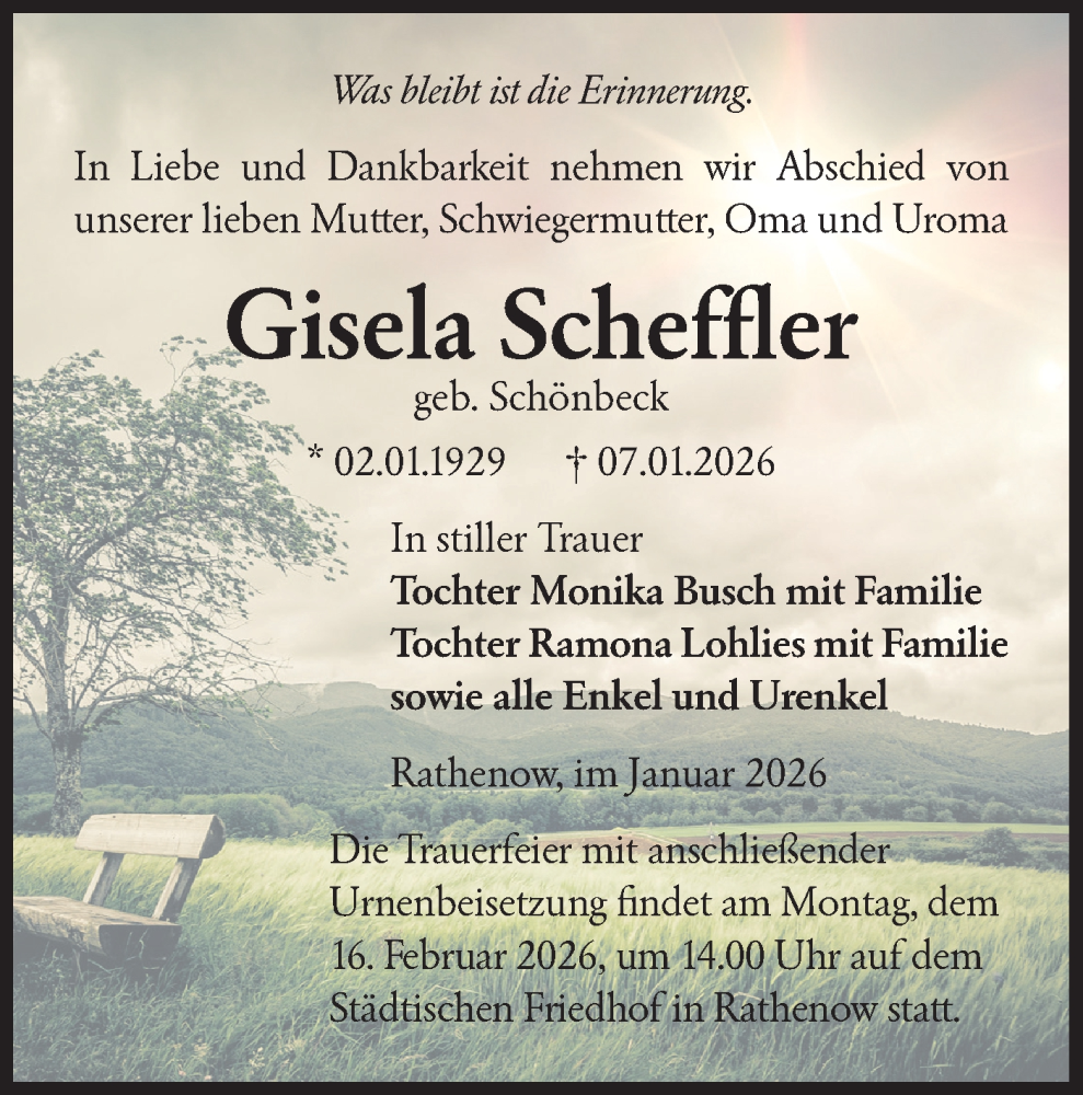  Traueranzeige für Gisela Scheffler vom 24.01.2026 aus Märkische Oderzeitung