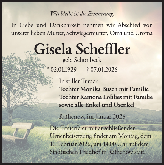 Traueranzeige von Gisela Scheffler von Märkische Oderzeitung