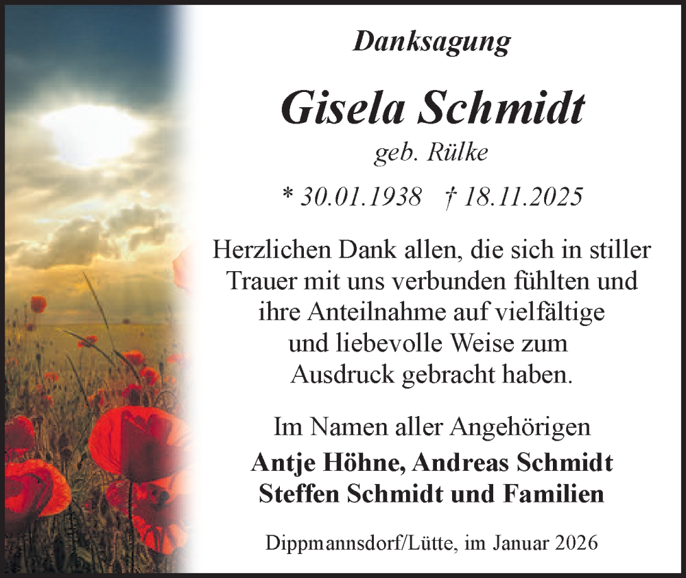  Traueranzeige für Gisela Schmidt vom 10.01.2026 aus Märkische Oderzeitung