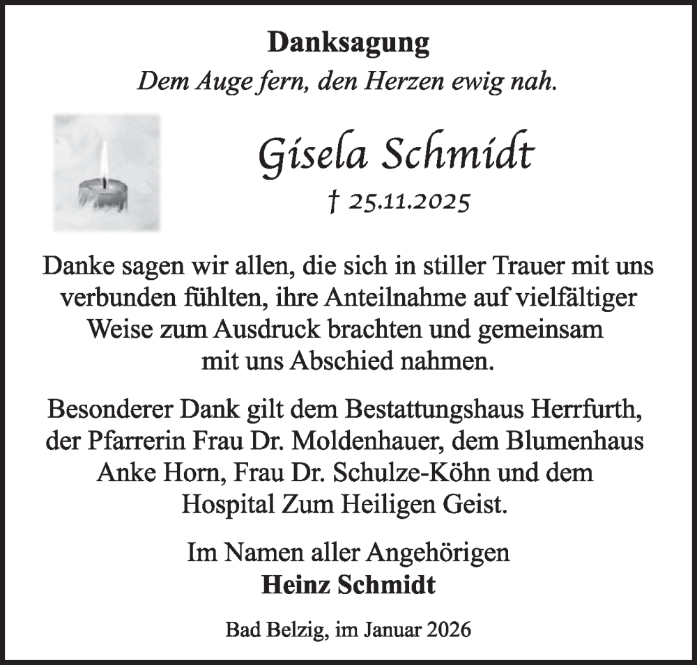  Traueranzeige für Gisela Schmidt vom 03.01.2026 aus Märkische Oderzeitung