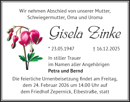 Traueranzeige von Gisela Zinke von Märkische Oderzeitung