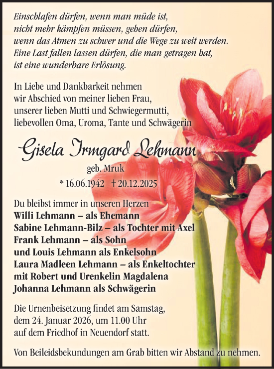 Traueranzeige von Gisela Irmgard Lehmann von Märkische Oderzeitung