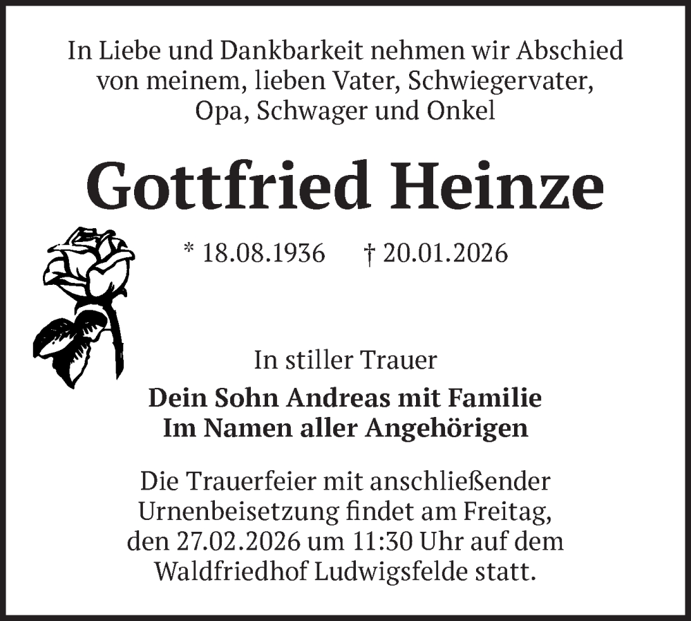  Traueranzeige für Gottfried Heinze vom 31.01.2026 aus Blickpunkt Ludwigsfelde/Zossen