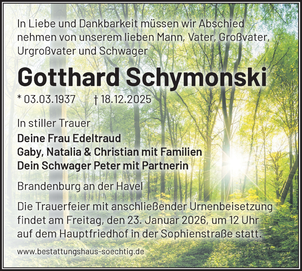  Traueranzeige für Gotthard Schymonski vom 10.01.2026 aus Märkische Oderzeitung