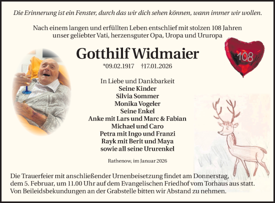 Traueranzeige von Gotthilf Widmaier von Märkische Oderzeitung