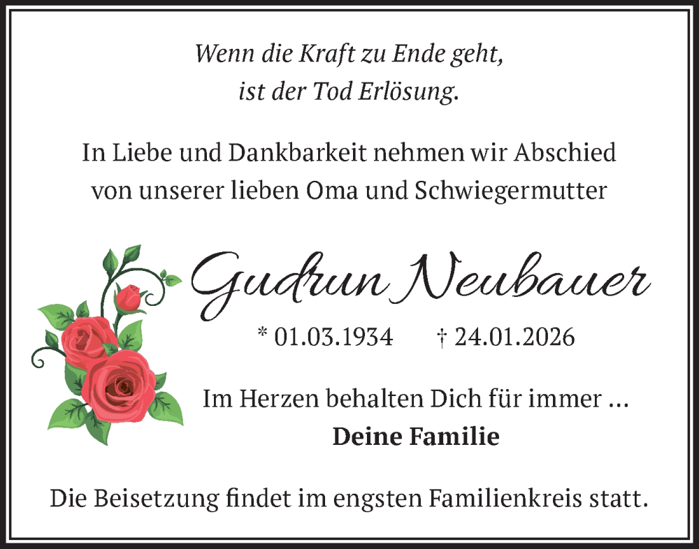 Traueranzeige für Gudrun Neubauer vom 31.01.2026 aus Märkische Oderzeitung