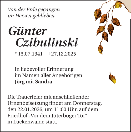 Traueranzeige von Günter Czibulinski von Blickpunkt Jüterbog/Luckenwalde