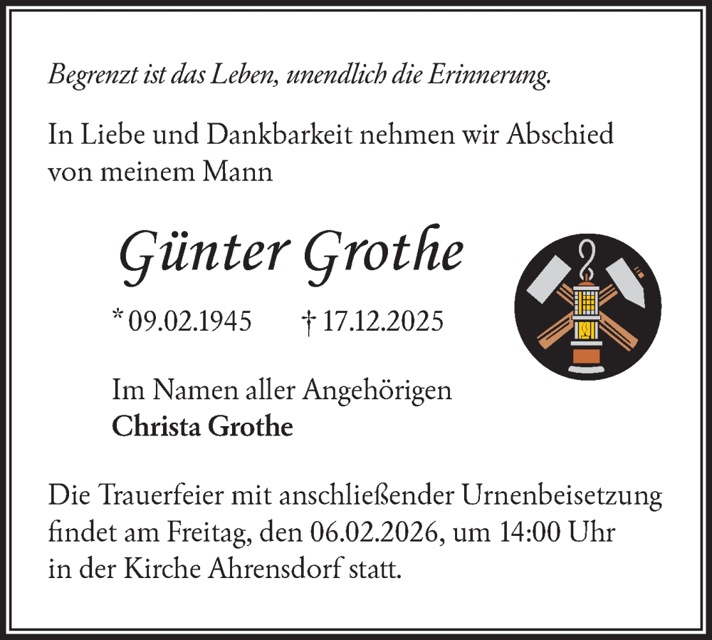  Traueranzeige für Günter Grothe vom 24.01.2026 aus Blickpunkt Ludwigsfelde/Zossen