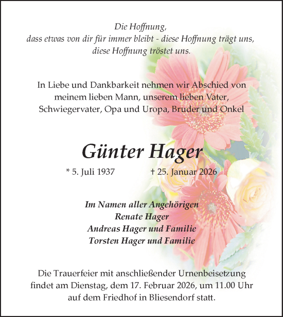 Traueranzeige von Günter Hager von Blickpunkt Potsdam/Werder