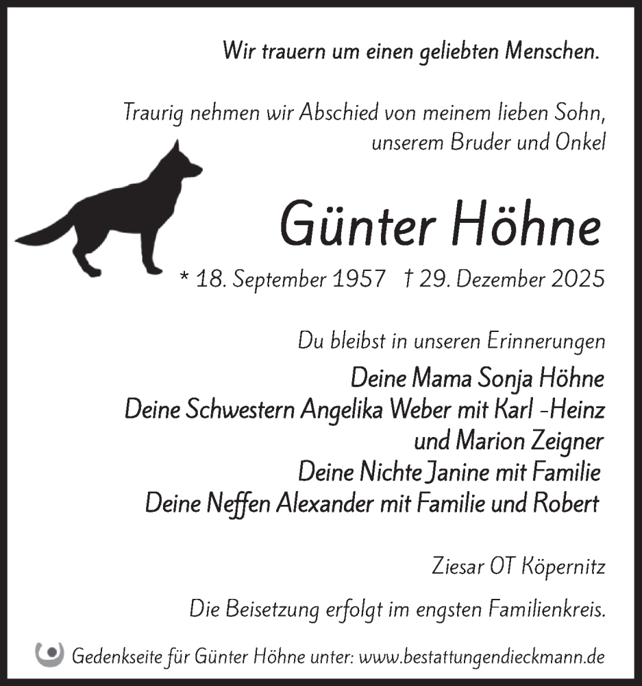  Traueranzeige für Günter Höhne vom 10.01.2026 aus Märkische Oderzeitung