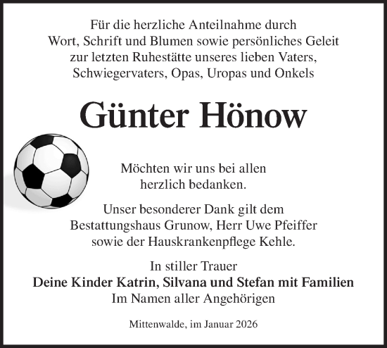 Traueranzeige von Günter Hönow von Blickpunkt Königs Wusterhausen