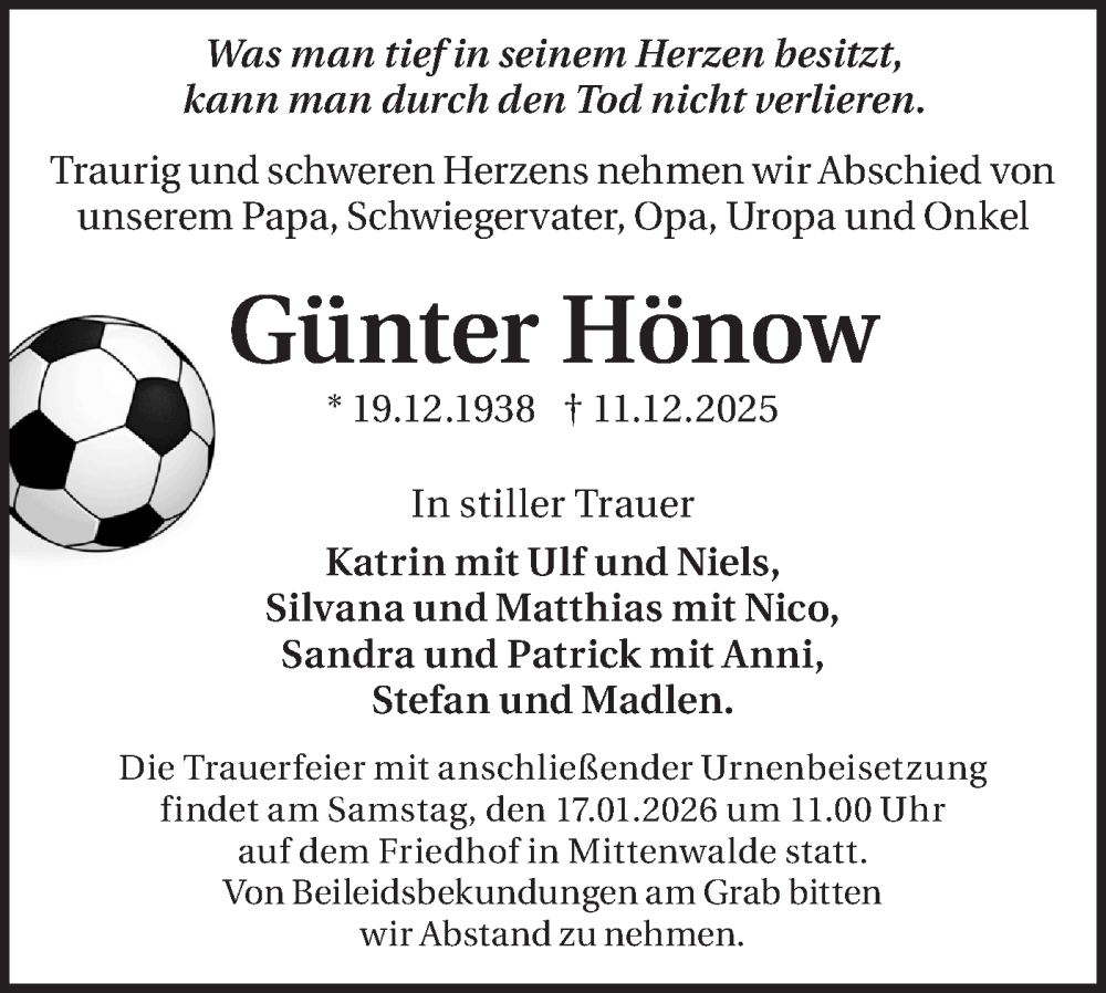  Traueranzeige für Günter Hönow vom 10.01.2026 aus Blickpunkt Königs Wusterhausen