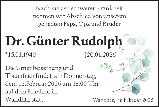 Traueranzeige von Günter Rudolph von Märkische Oderzeitung