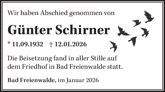 Traueranzeige von Günter Schirner von MO Oderld.-Echo