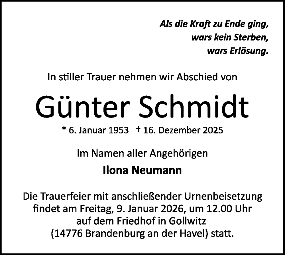  Traueranzeige für Günter Schmidt vom 03.01.2026 aus Märkische Oderzeitung