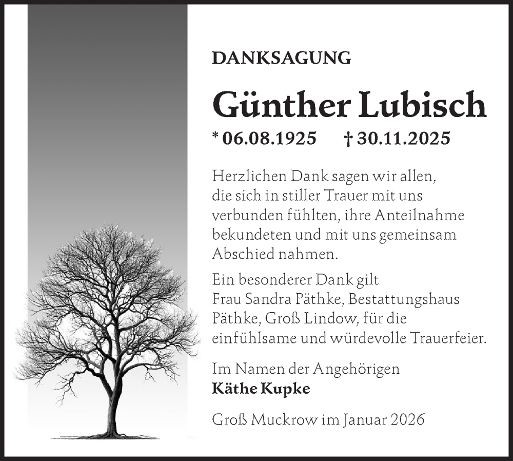  Traueranzeige für Günther Lubisch vom 24.01.2026 aus Märkische Oderzeitung