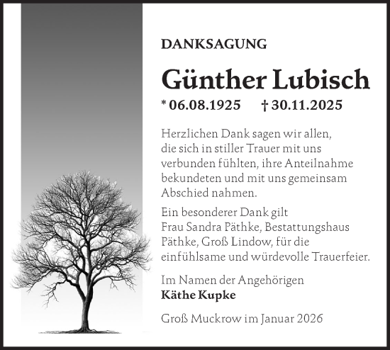 Traueranzeige von Günther Lubisch von Märkische Oderzeitung