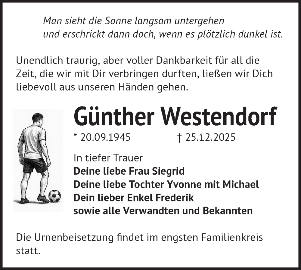  Traueranzeige für Günther Westendorf vom 10.01.2026 aus Märkische Oderzeitung