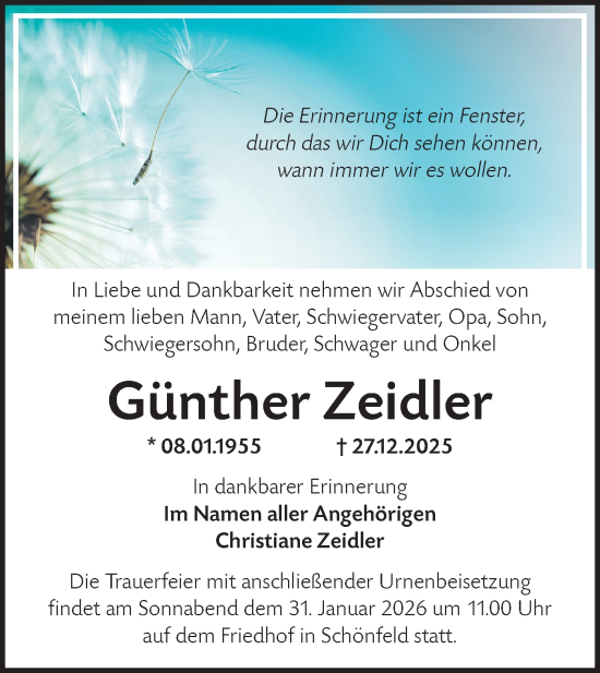 Traueranzeige von Günther Zeidler von Märkische Oderzeitung