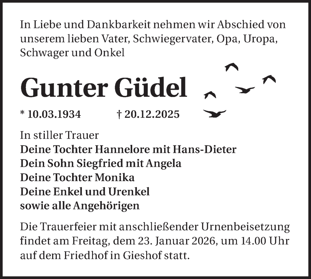  Traueranzeige für Gunter Güdel vom 10.01.2026 aus MO Oderld.-Echo