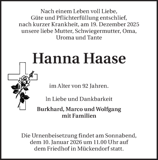 Traueranzeige von Hanna Haase von Blickpunkt Ludwigsfelde/Zossen
