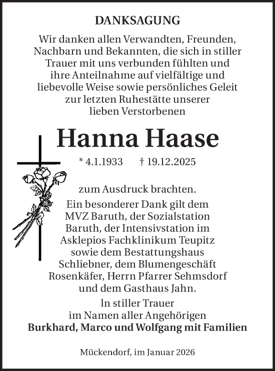 Traueranzeige von Hanna Haase von Blickpunkt Ludwigsfelde/Zossen