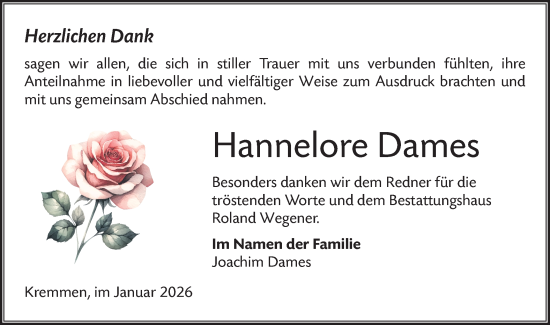 Traueranzeige von Hannelore Dames von Märkische Oderzeitung