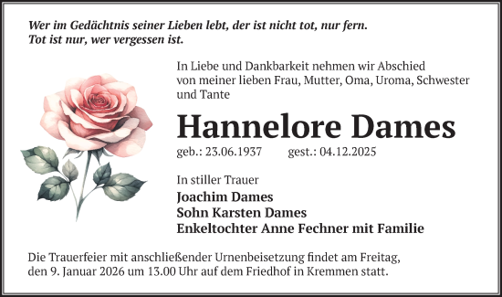 Traueranzeige von Hannelore Dames von Märkische Oderzeitung
