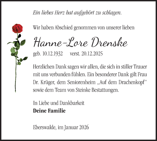 Traueranzeige von Hanne Lore Drenske von Märkische Oderzeitung