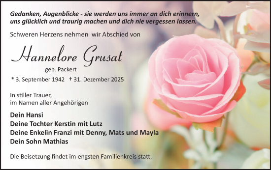 Traueranzeige von Hannelore Grusat von Märkische Oderzeitung