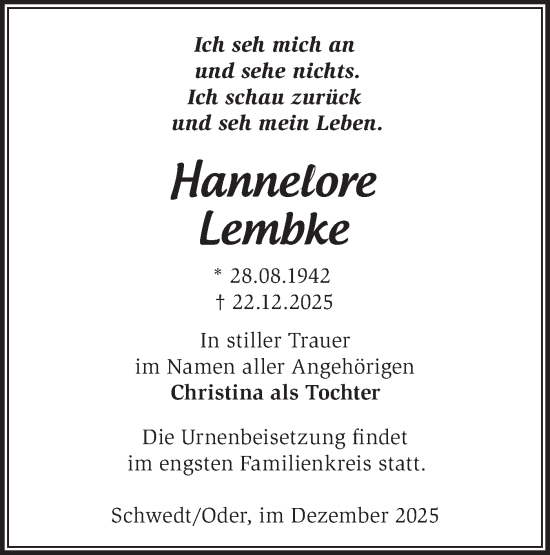 Traueranzeige von Hannelore Lembke von MO Uckerm.-Anz.