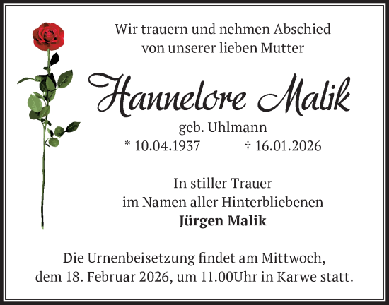 Traueranzeige von Hannelore Malik von Märkische Oderzeitung