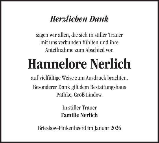 Traueranzeige von Hannelore Nerlich von Märkische Oderzeitung