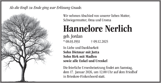 Traueranzeige von Hannelore Nerlich von Märkische Oderzeitung