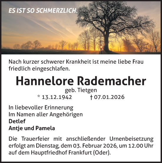 Traueranzeige von Hannelore Rademacher von Märkische Oderzeitung
